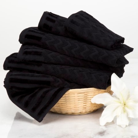 HASTINGS HOME 6-Piece Cotton Deluxe Plush Bath Towel Set, Chevron Pattern Spa Luxury Decorative Towels (Black) 421314VTX